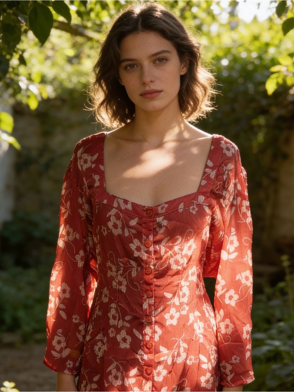 Sweetheart Neck Floral Long-Sleeve blouse in red